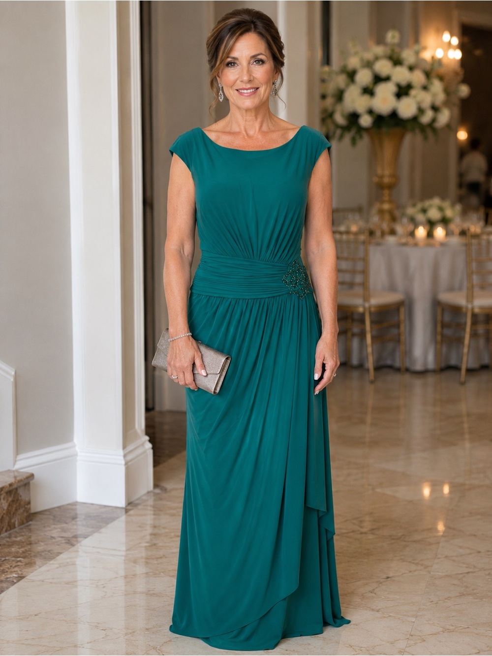 Rina DiMontella Elegant Teal Evening Gown with Beaded Waist size 16